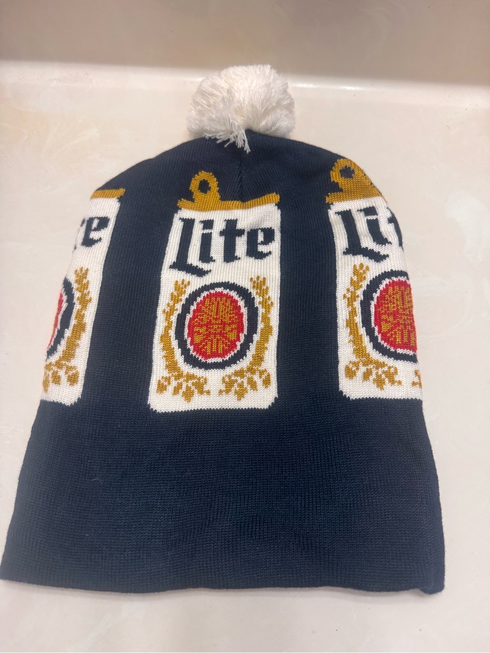 Miller Lite Logo Navy Knit Beanie with Pom - Men OS Unisex Women
